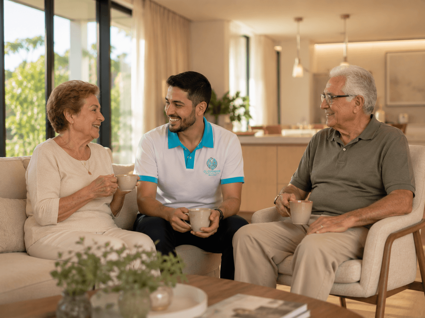 Família e cuidador reunidos em ambiente residencial sofisticado durante assistência permanente
