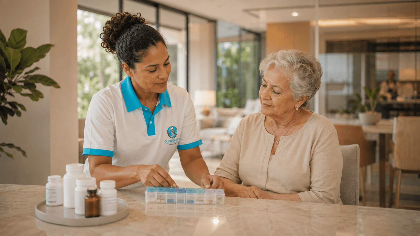 Cuidadora organizando e administrando medicação de idosa em ambiente residencial
